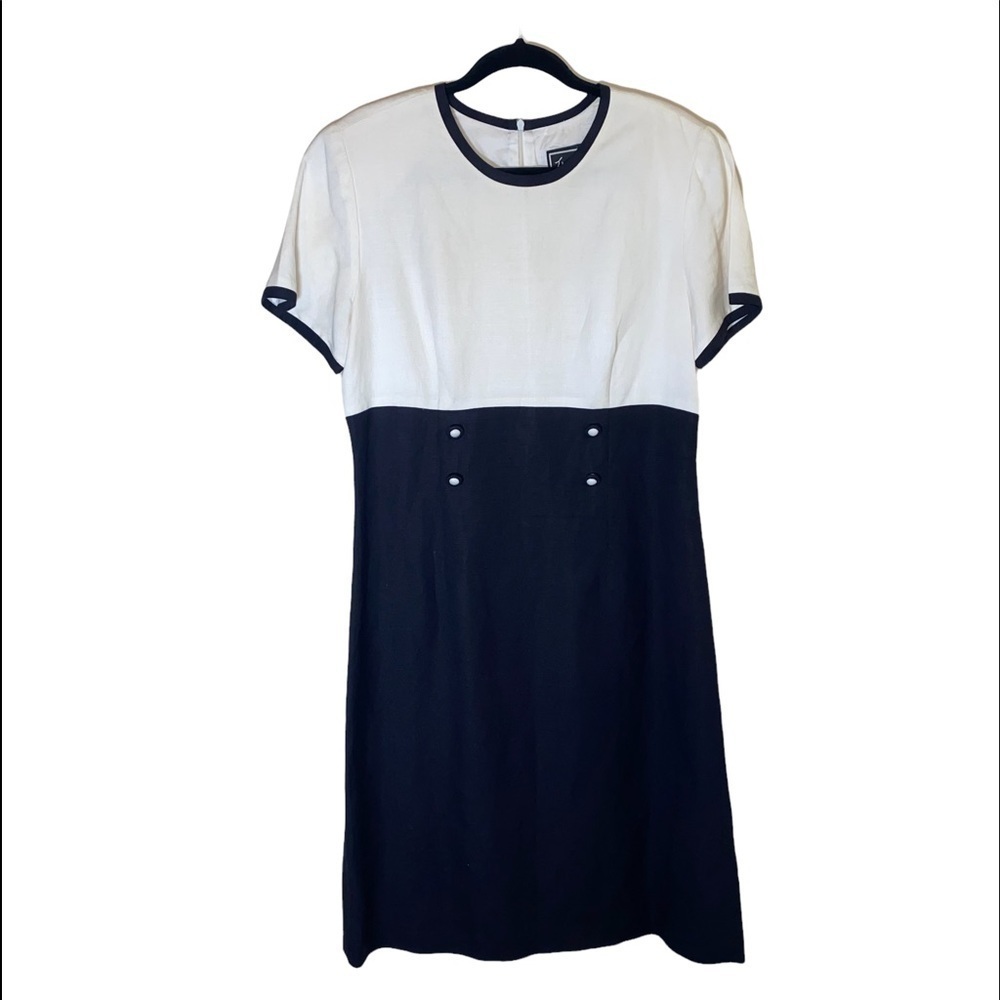 Vintage Linen/Rayon Blend Black & White Colorblock Knee Length‎ Dress Sz 10